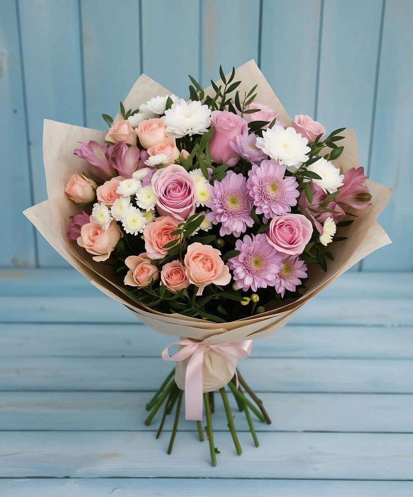 Букет цветов из: Хризантемы, Розы и Альстромерии в Каргате