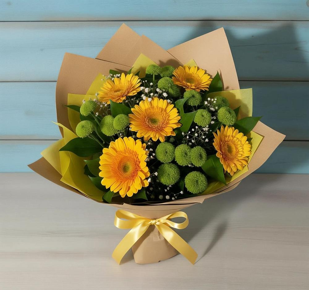 Букет цветов из: Герберы и Хризантемы в Каргате