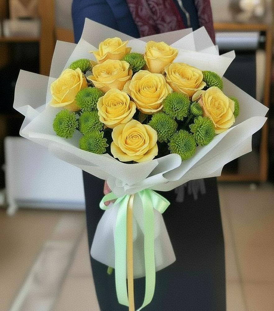 Букет цветов из: Хризантемы и Розы в Каргате