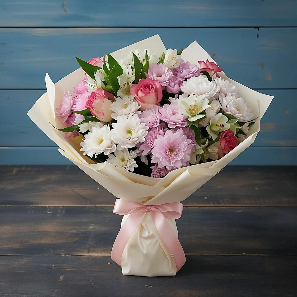 Букет цветов из: Хризантемы, Альстромерии и Розы в Каргате